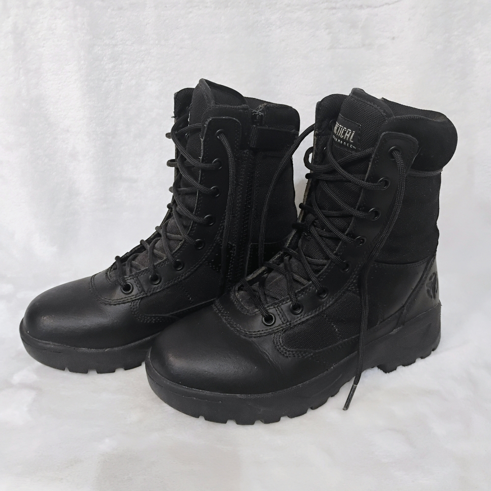 Tactical Performance Womens 7 Combat Lace Up‎ Black Leather Boots Side Zipper